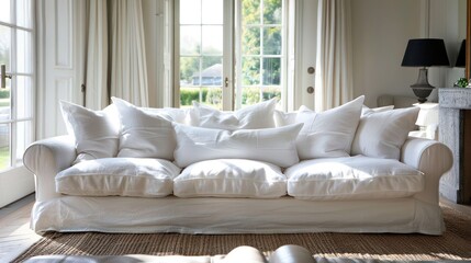 Wall Mural - A white sofa with multiple pillows in a living room with a view of a garden through a window.