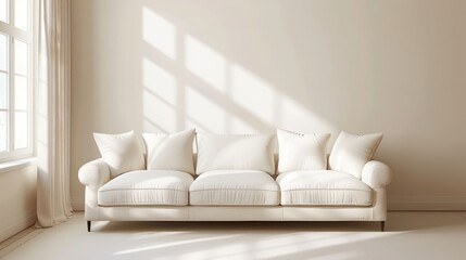 Wall Mural - A white sofa with pillows in a bright living room with sunlight streaming through the window.