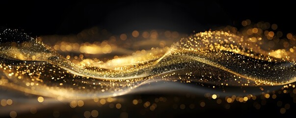 Wall Mural - Abstract Golden Glitter Wave with Bokeh Lights on Black Background