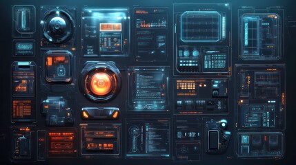 Poster - A wall of computer monitors with a red circle on one of them. The wall is full of different colored buttons and screens