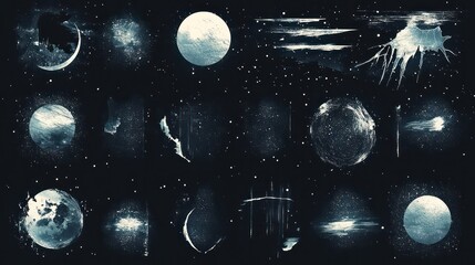 a series of images of the moon and stars. the images are all different sizes and are scattered throu