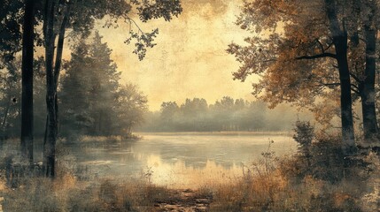 Wall Mural - A forest with a lake in the background. The trees are tall and the water is calm