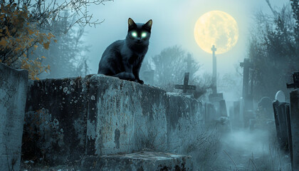 A mysterious black cat with glowing eyes sits on a gravestone under a full moon in a foggy cemetery.