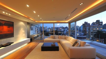 Wall Mural - A spacious, modern living room with a large sectional sofa, a coffee table, and a stunning view of the city skyline at night.