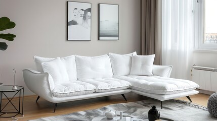 Wall Mural - A white sectional sofa with black legs sits in a modern living room with a gray rug and black accent pieces.