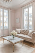 © Trendistudio - Took this French interior photo of a small urban house with a fluffy sofa in a living room with a window view. Generative AI