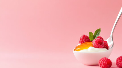 Fresh yogurt topped with ripe raspberries and a bright egg yolk, accompanied by a silver spoon on a soft pink background