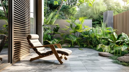 Wall Mural - Wooden chair in outdoor patio with garden view