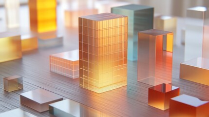 Poster - A cityscape made of colorful cubes. The cubes are arranged in a way that creates a sense of depth and perspective. Scene is vibrant and playful, as the cubes seem to be popping out of the surface