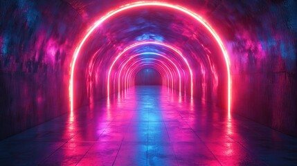 Wall Mural - 3d abstract futuristic neon backgroun3d glowing lines triangular tunnel corridor ultraviolet neon light empty space