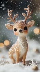 A small reindeer figurine with snowflakes, isolated on a soft white background, minimal 3D Blender style,