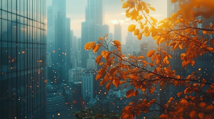 Fototapete - A tree with leaves that are orange and brown. The tree is in front of a city
