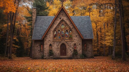 Wall Mural - Stone Church with Stained Glass Windows in Autumn Forest