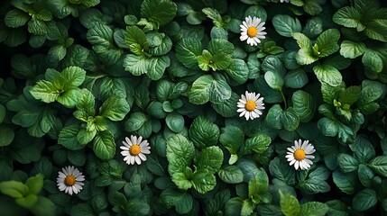 Sticker - A lush green background with scattered white daisies among vibrant leaves.