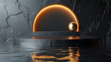 Wall Mural - 3d abstract minimal black backgroun3d with empty hemisphere podium golden ball an3d reflection in the water on the wet floor showcase with blank platform for product presentation in stories