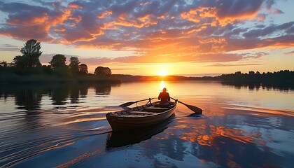 Wall Mural - On the calm lake under the sunset, boaters paddle on the water, and there is a peaceful natural landscape in the distance, bringing an atmosphere of harmony and relaxation.