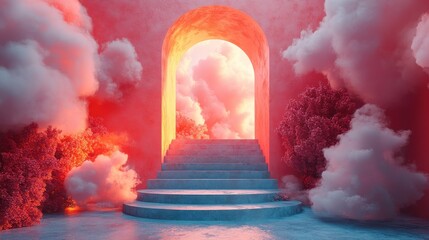 Wall Mural - 3d abstract peachy backgroun3d with blue roun3d arch an3d white clouds modern minimal scene