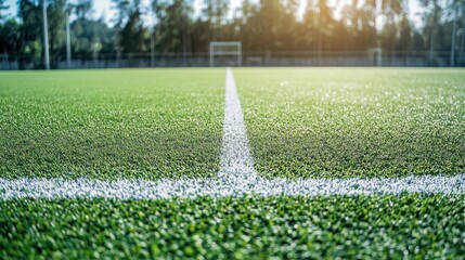 Close-up view of pristine artificial grass on a soccer field with a clear white line marking the playing area under natural light.