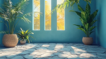 Wall Mural - 3d abstract simple blue yellow backgroun3d with tropical leaves shadow an3d bright sunlight minimal showcase scene with cobble stones for product presentation