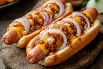 Wall Mural - Two delicious hot dogs topped with cheese, onions, and chili, served in soft buns on a wooden board.