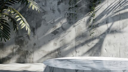 Sticker - Marble Table with Leaf Shadow on Concrete Background for Product Presentation.