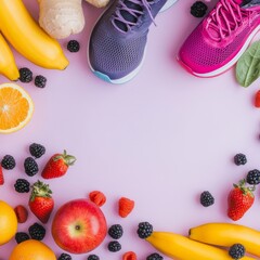 Wall Mural - Flat lay of fruit, vegetables, and running shoes on a pink background.