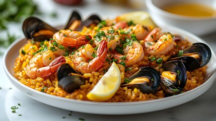 Savory Seafood Paella with Saffron Rice on Dining Table