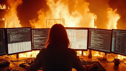 person working at multiple monitors in front of a massive fire, symbolizing chaos and crisis managem