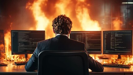 Wall Mural - Person working at multiple monitors in front of a massive fire, symbolizing chaos and crisis management in technology.
