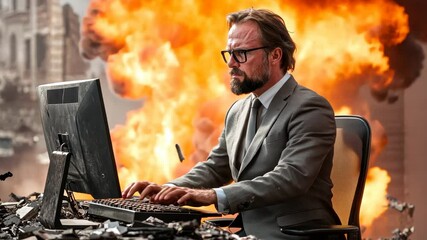 Wall Mural - Focused businessman typing on a keyboard as flames surround his desk in a dim office. Intense deadline pressure and stress concept.

