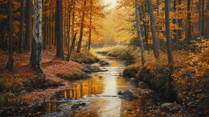 Poster - Autumn Stream Flowing Through a Forest of Golden Trees