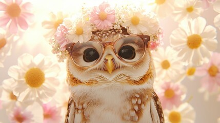 Cute Owl Wearing Glasses and Flower Crown