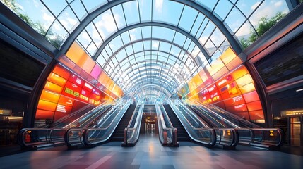 Captivating Modern Train Station with Sleek Glass Roof and Vibrant Signage