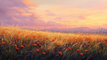 Wall Mural - Orange Flowers in a Field at Sunset