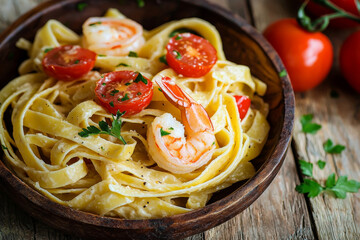 Sticker - A delicious bowl of fettuccine pasta topped with shrimp and cherry tomatoes, garnished with parsley.