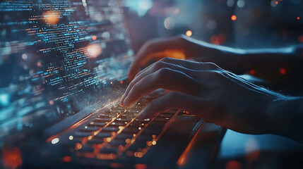 Close-up of hands typing on laptop keyboard with code on the screen.