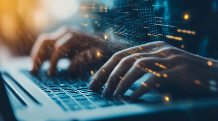 A close up of hands typing on a laptop keyboard with code and data streaming across the screen.