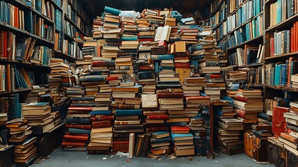 Wall Mural - A cluttered library filled with stacked books on shelves.