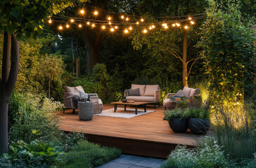 Wall Mural - A modern backyard with a wooden deck, a seating area, and garden furniture, string lights, and lush greenery surrounding the yard.