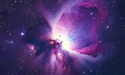 Wall Mural - A stunning view of a colorful nebula deep in outer space, glowing with pink and purple hues.
