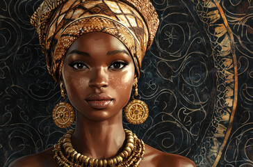 Poster - Beautiful African woman with brown skin, wearing a traditional Zulu headdress and necklace, adorned in gold earrings and rings.