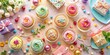 © AK2478 - A whimsical, overhead perspective of a confetti-covered table, featuring a wide array of decorated cupcakes, gifts, and festive treats, bathed in soft, pastel colors and warm, diffused light.