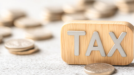 A wooden sign with the word tax on it is surrounded by coins