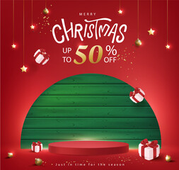 Wall Mural - merry christmas sale promotion poster banner with product display and green wood frame backdrop fest