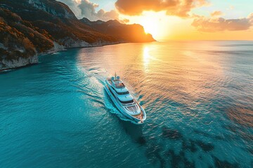 Wall Mural - A large white boat is sailing on the ocean with the sun setting in the background