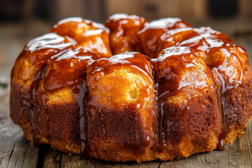 A delicious bundt cake topped with a glossy caramel glaze, presented on a rustic wooden surface.