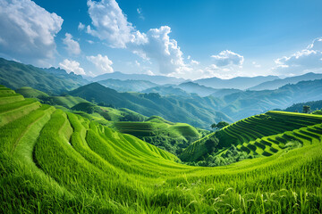 How about this: Lush rice terraces in a mountainous Asian countryside with green fields and a summer sky