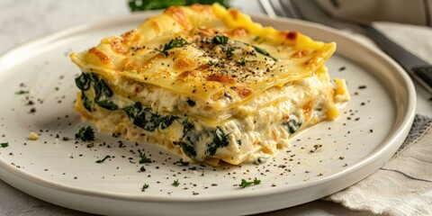 Wall Mural - Creamy Vegetarian Lasagna Served on a Light-Colored Plate