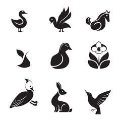 Set of black and white animal icons.