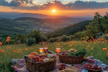 Wall Mural - The table is filled with food and drinks, including wine glasses and a bottle